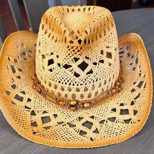 Elegant Tan Crochet Hat with Beaded Detail
